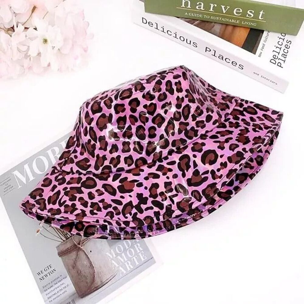 Fashion Hologram Bucket Hat Waterproof Cap Travel Hat, Pink Cheetah Print - Picture 5 of 6